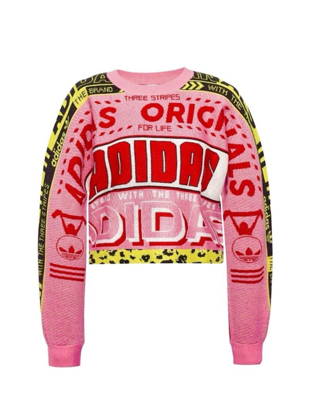 Adidas Originals Pink Crop Sweater‎ Scarf Print Logo Spell Out Knit Pullover